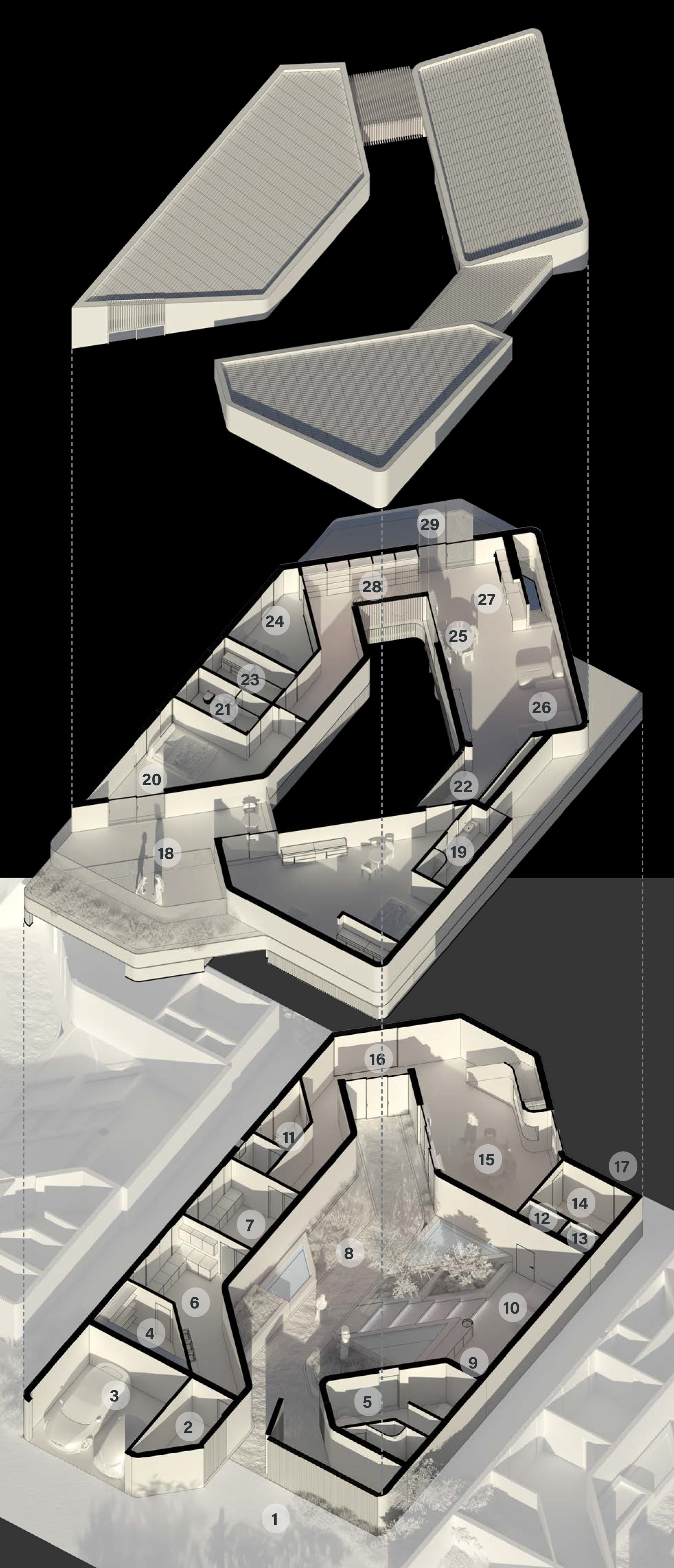 Exploded axonometric showing the villa stacked over its plan