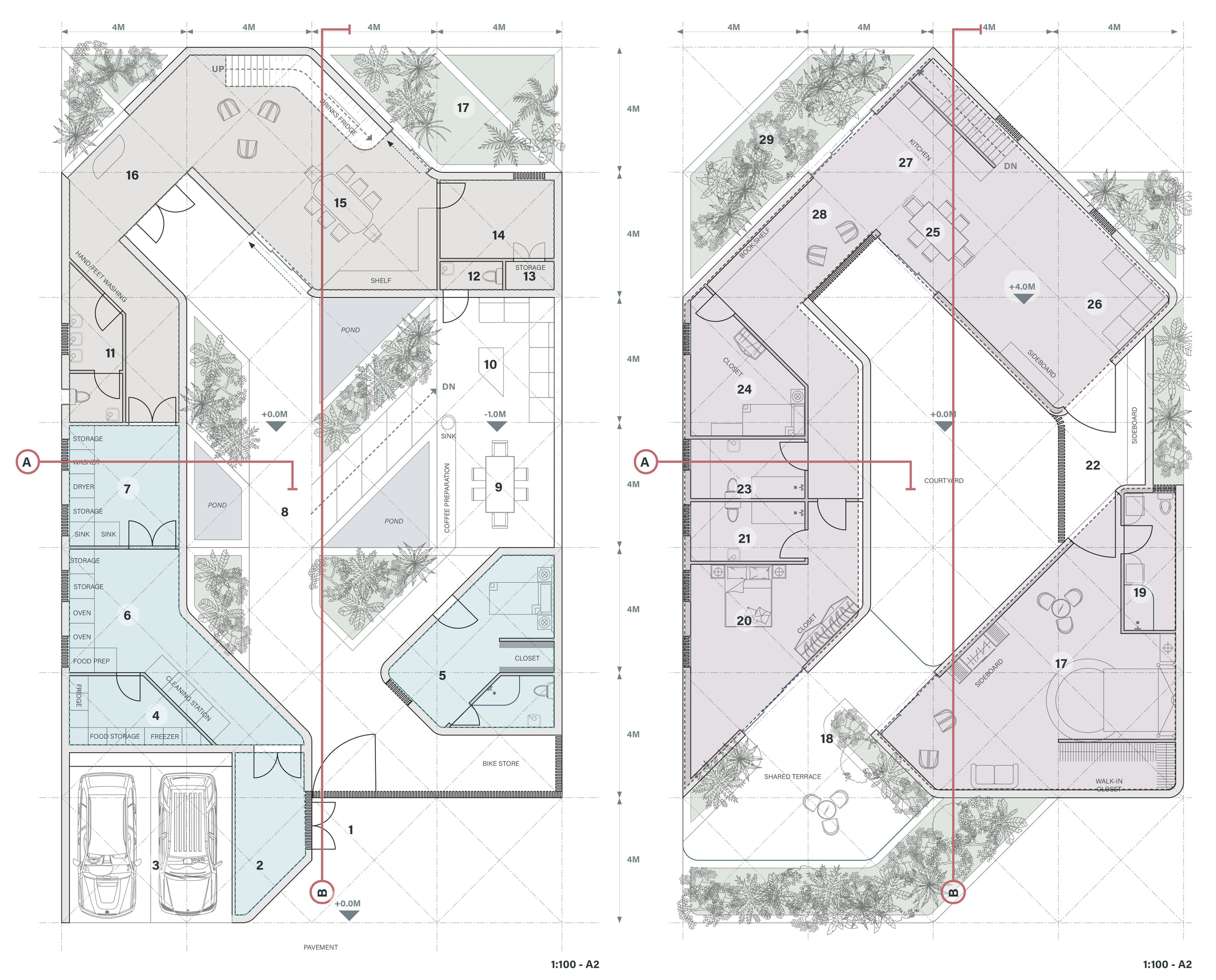 Ground and first floor plans of the villa