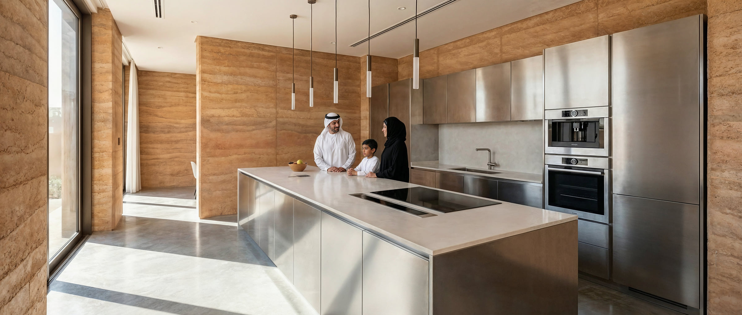 The kitchen island in polished steel against rammed earth walls