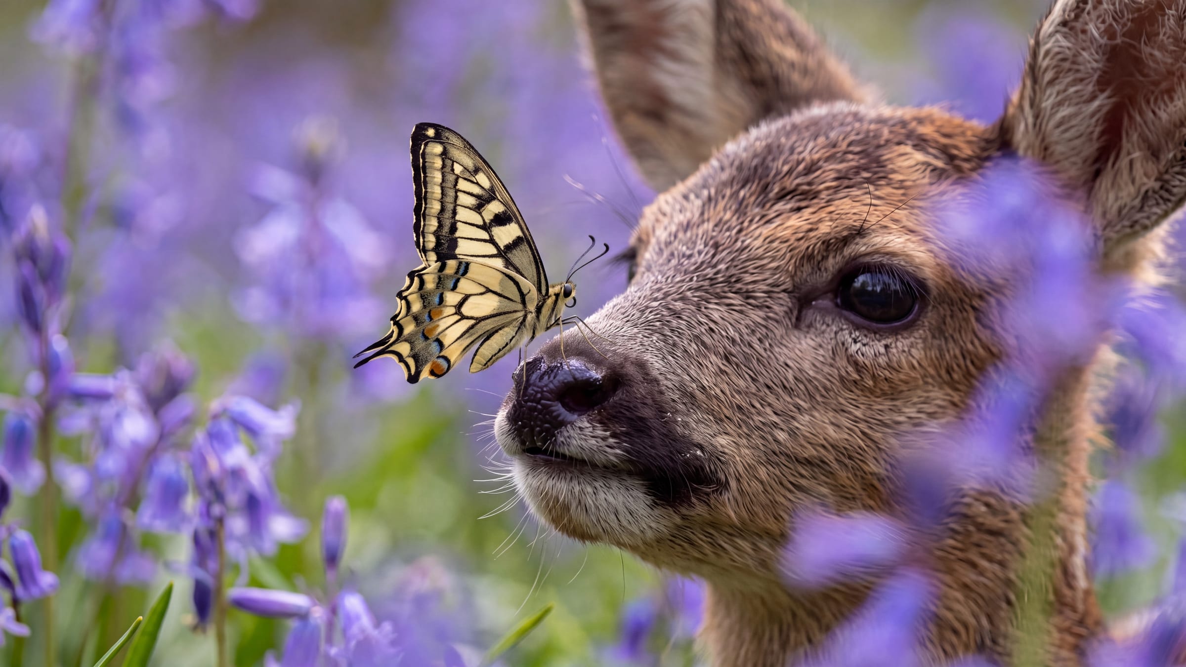 Close view of a fawn among bluebells as the butterfly settles by its nose