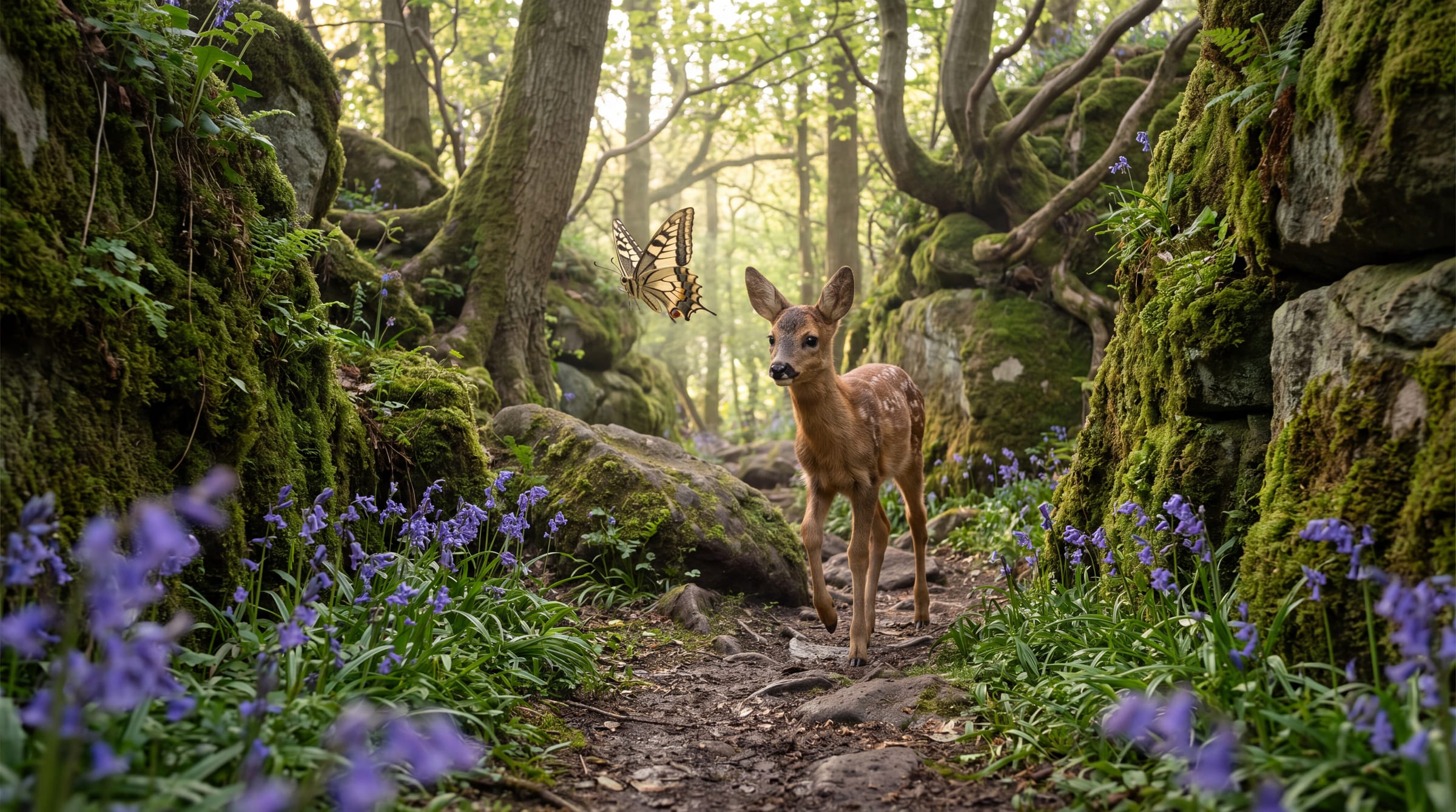 A spotted fawn on a woodland path lined with bluebells and mossy rocks, the butterfly ahead of it