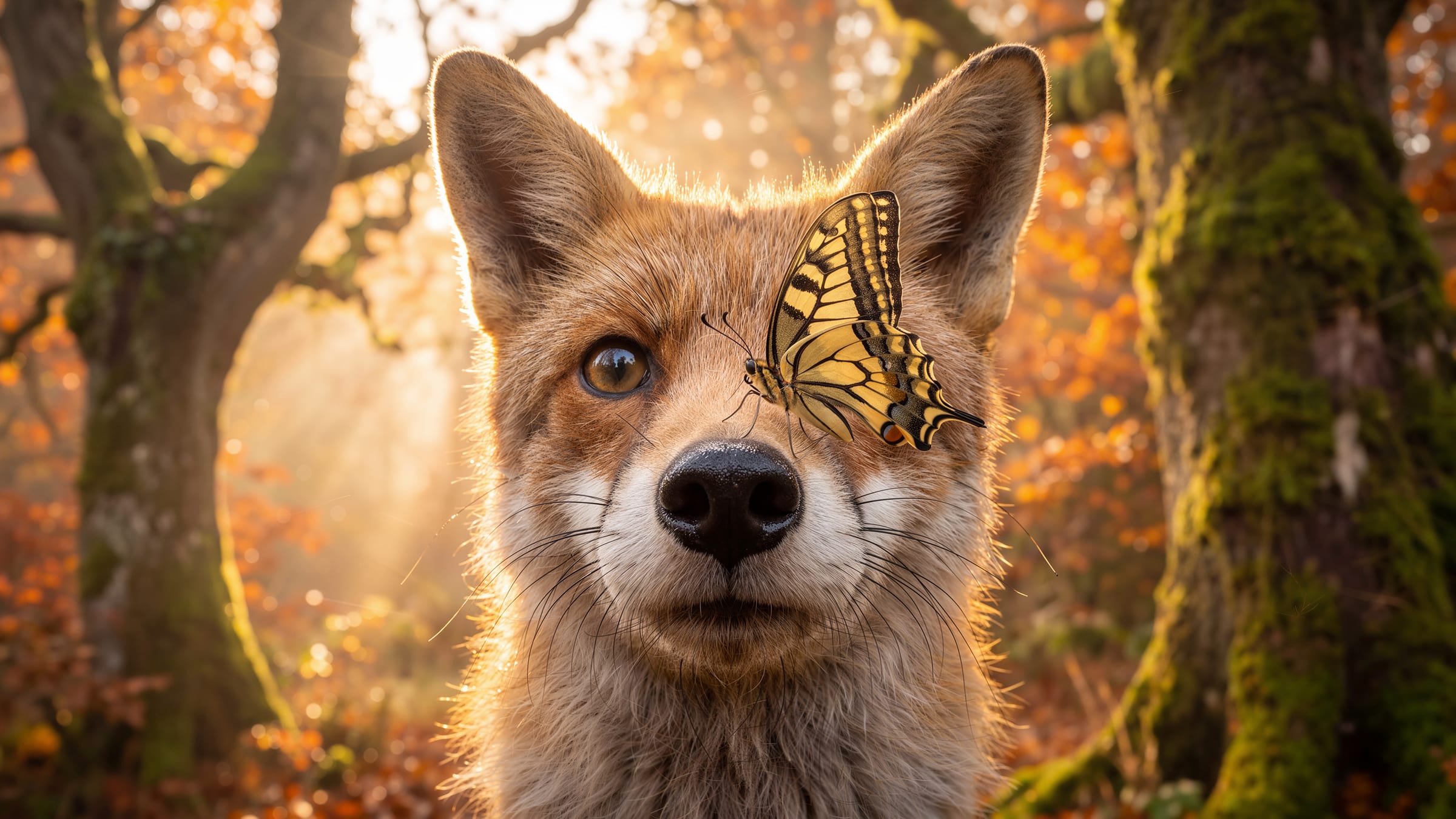Close view of a red fox with the butterfly resting on its muzzle, autumn oaks behind