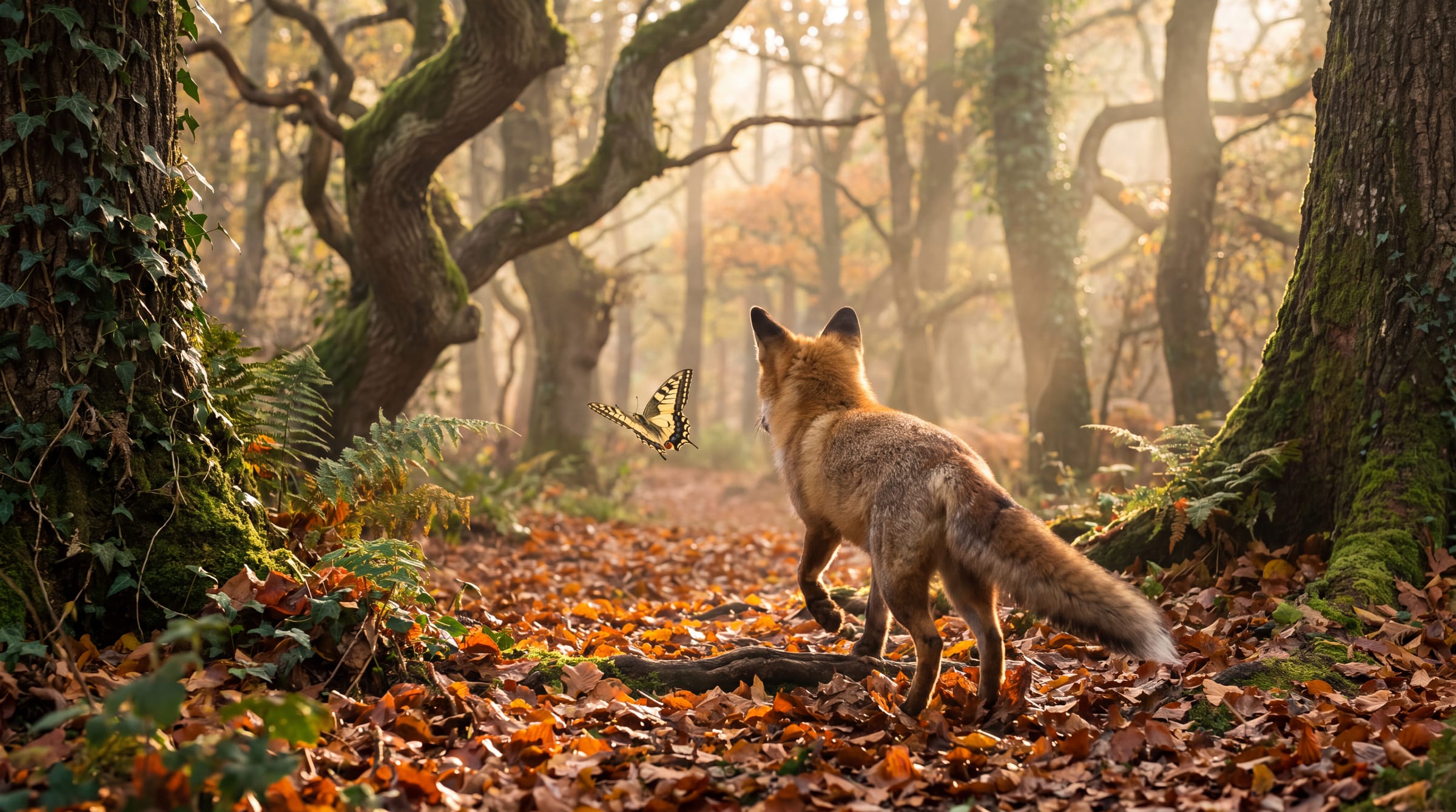 A fox following the butterfly along a leaf-covered path between old oaks