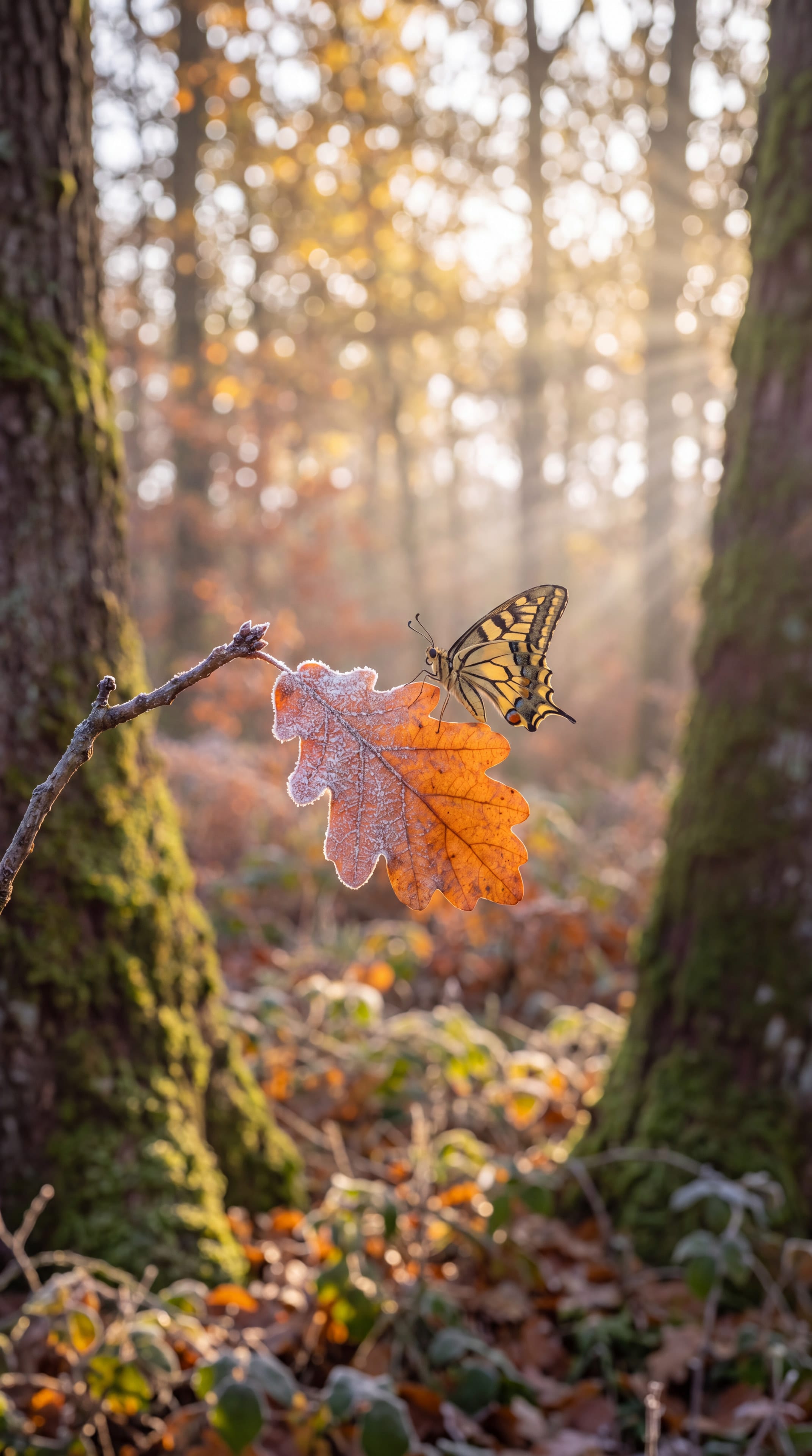 The butterfly on a frosted oak leaf lit orange by low sun, between two mossy trunks