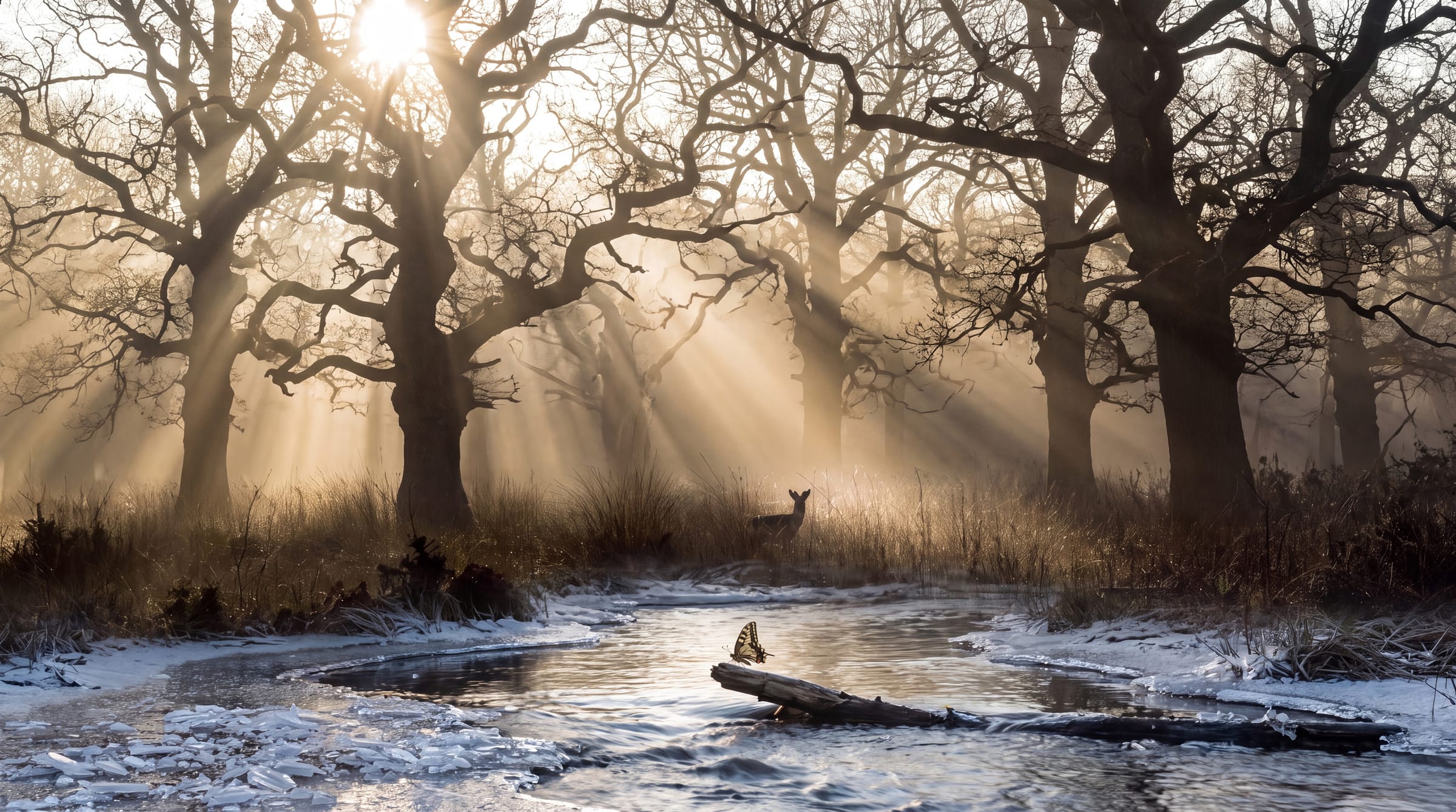 Sunbeams through bare oaks onto a half-frozen stream, a deer in the reeds and the butterfly on a fallen branch