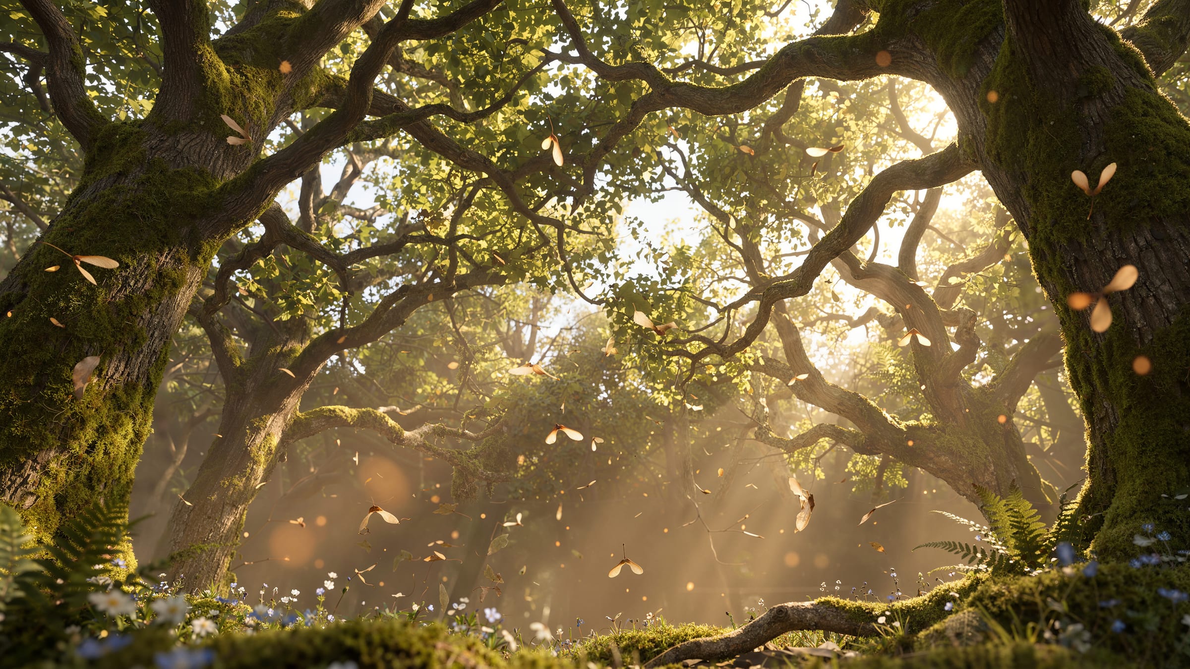 Sunlight breaking through an old oak canopy, leaves drifting down onto a mossy woodland floor