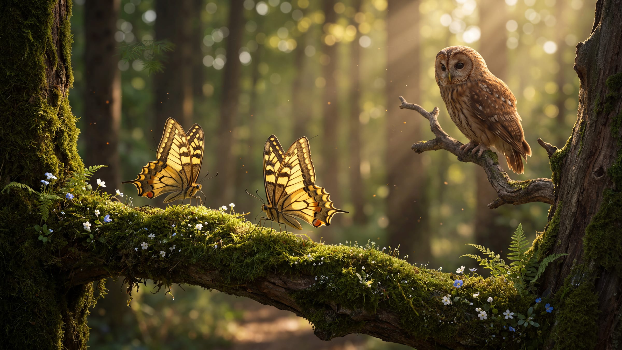 The two butterflies on a mossy branch with a tawny owl perched beside them in summer light