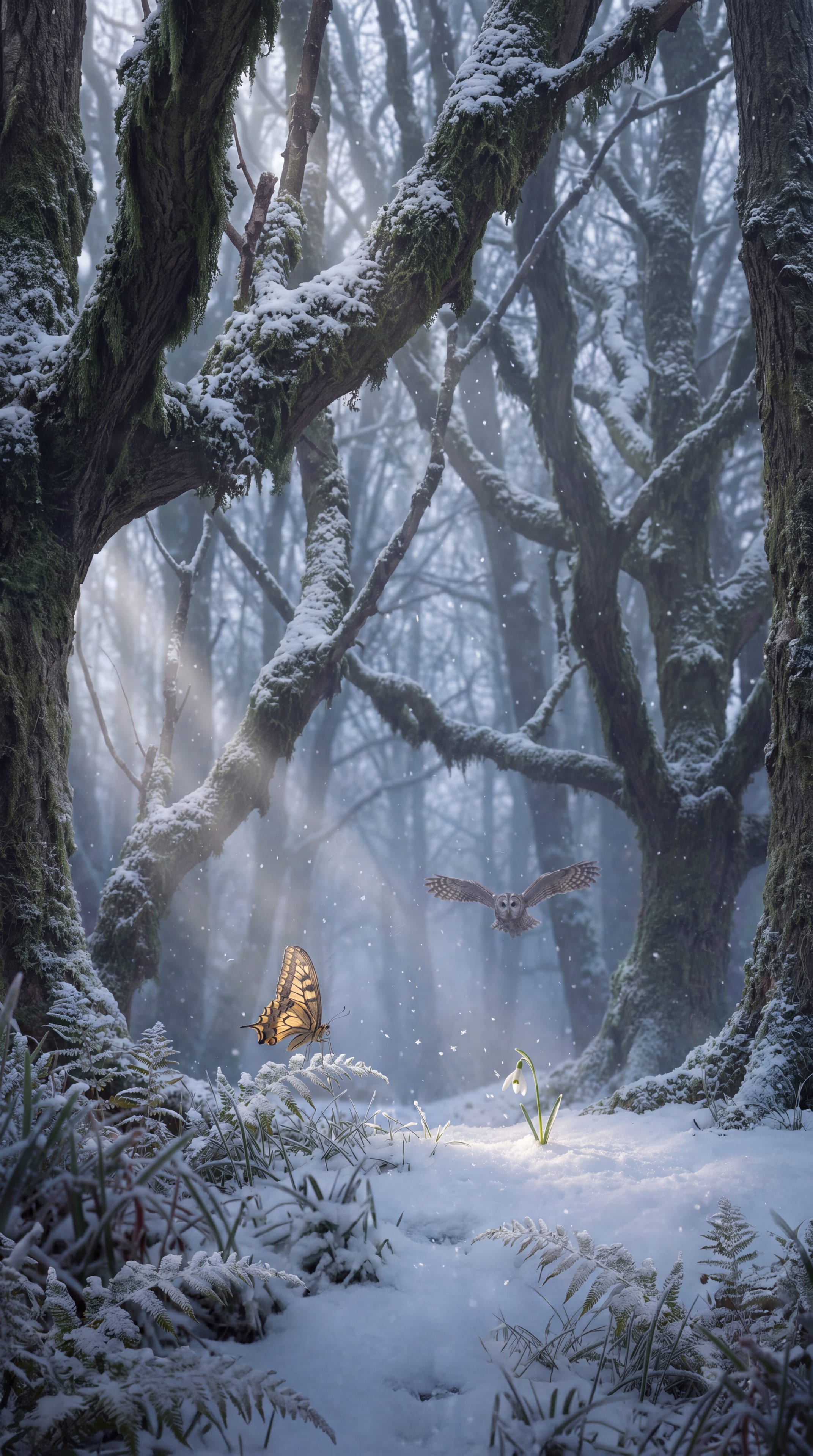 A tawny owl flying through snowy woodland towards the butterfly, low sun in shafts between the trees