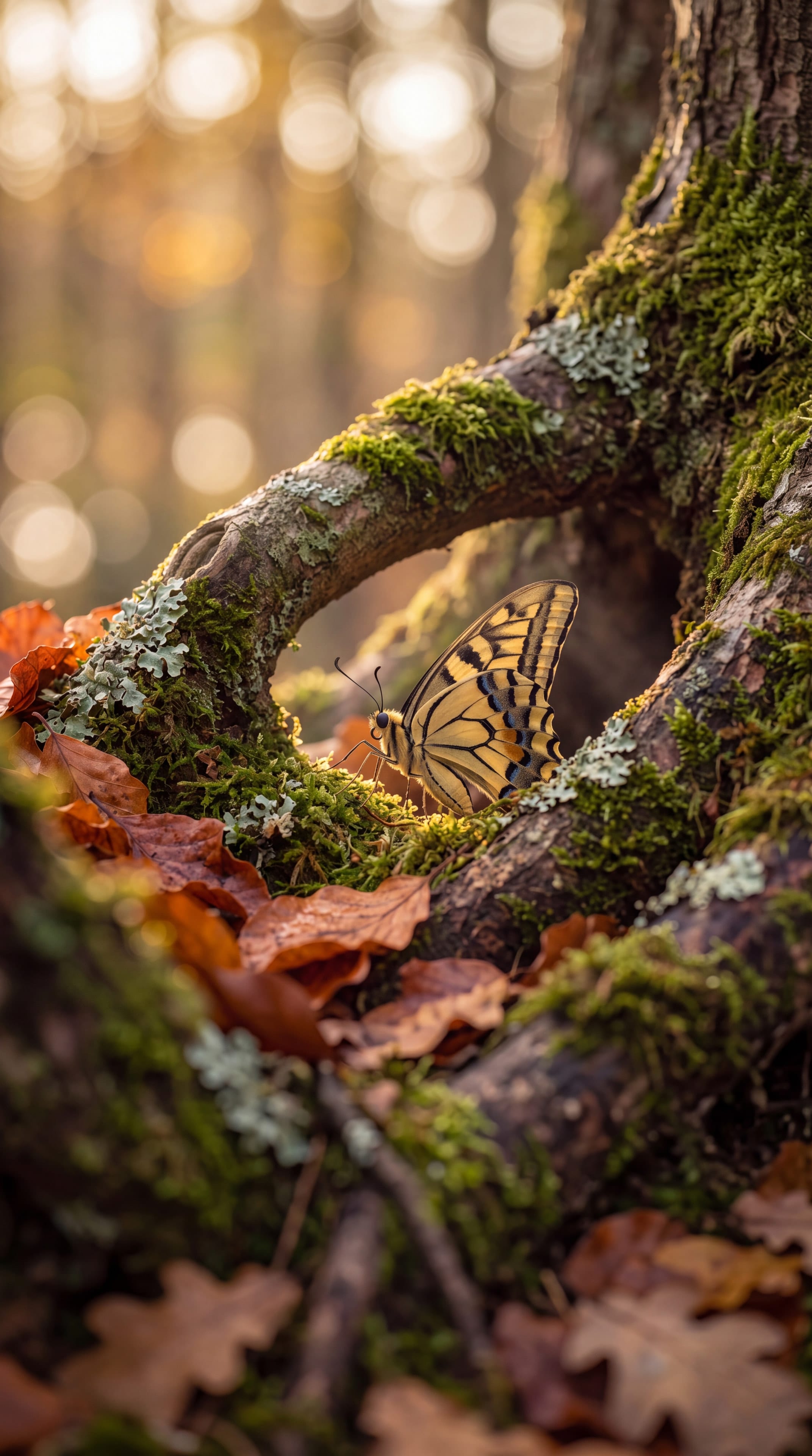 A swallowtail butterfly resting in the mossy hollow of an oak root among fallen copper leaves