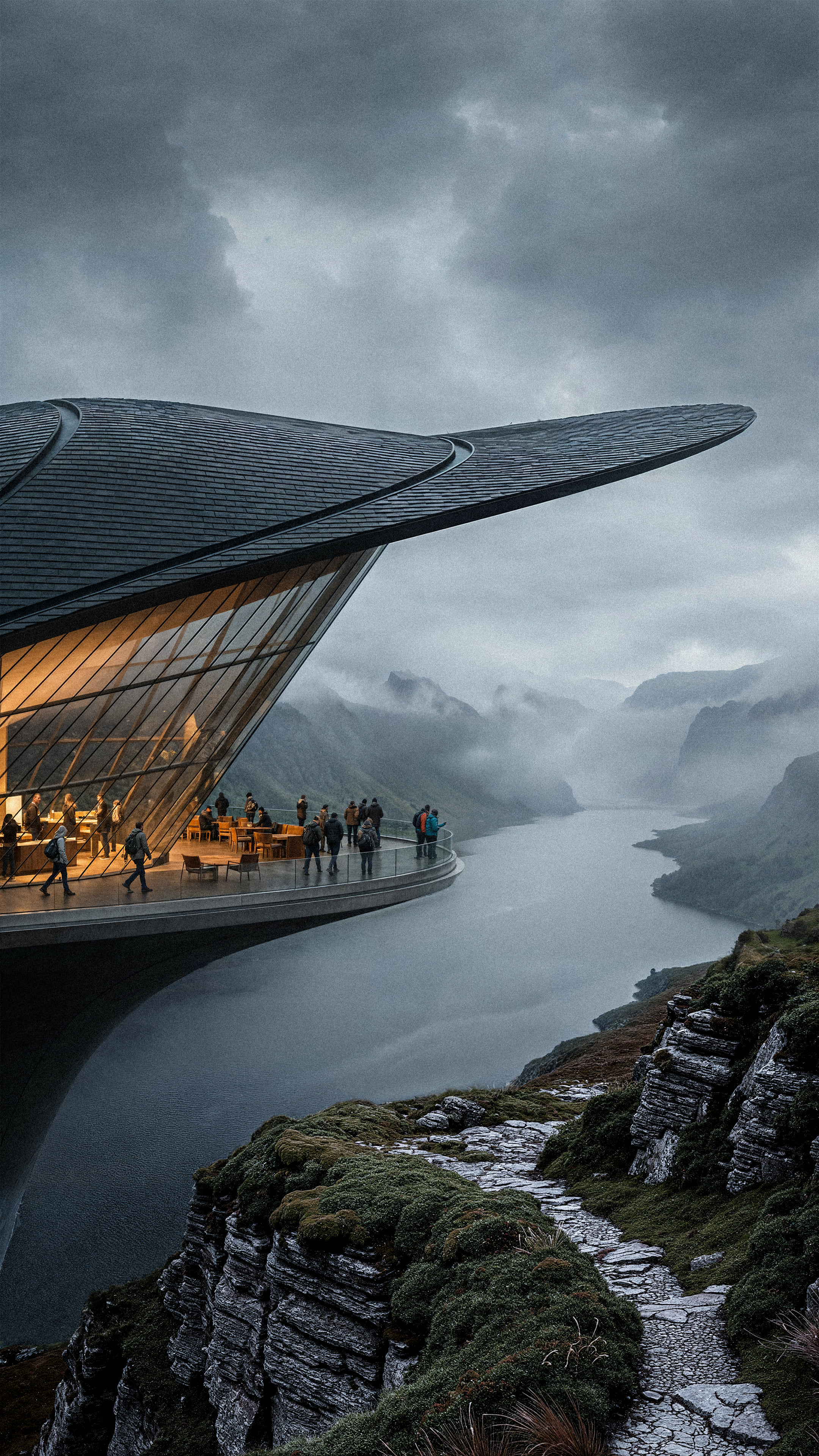 Audience gathered on the cliffside terrace above the loch at dusk