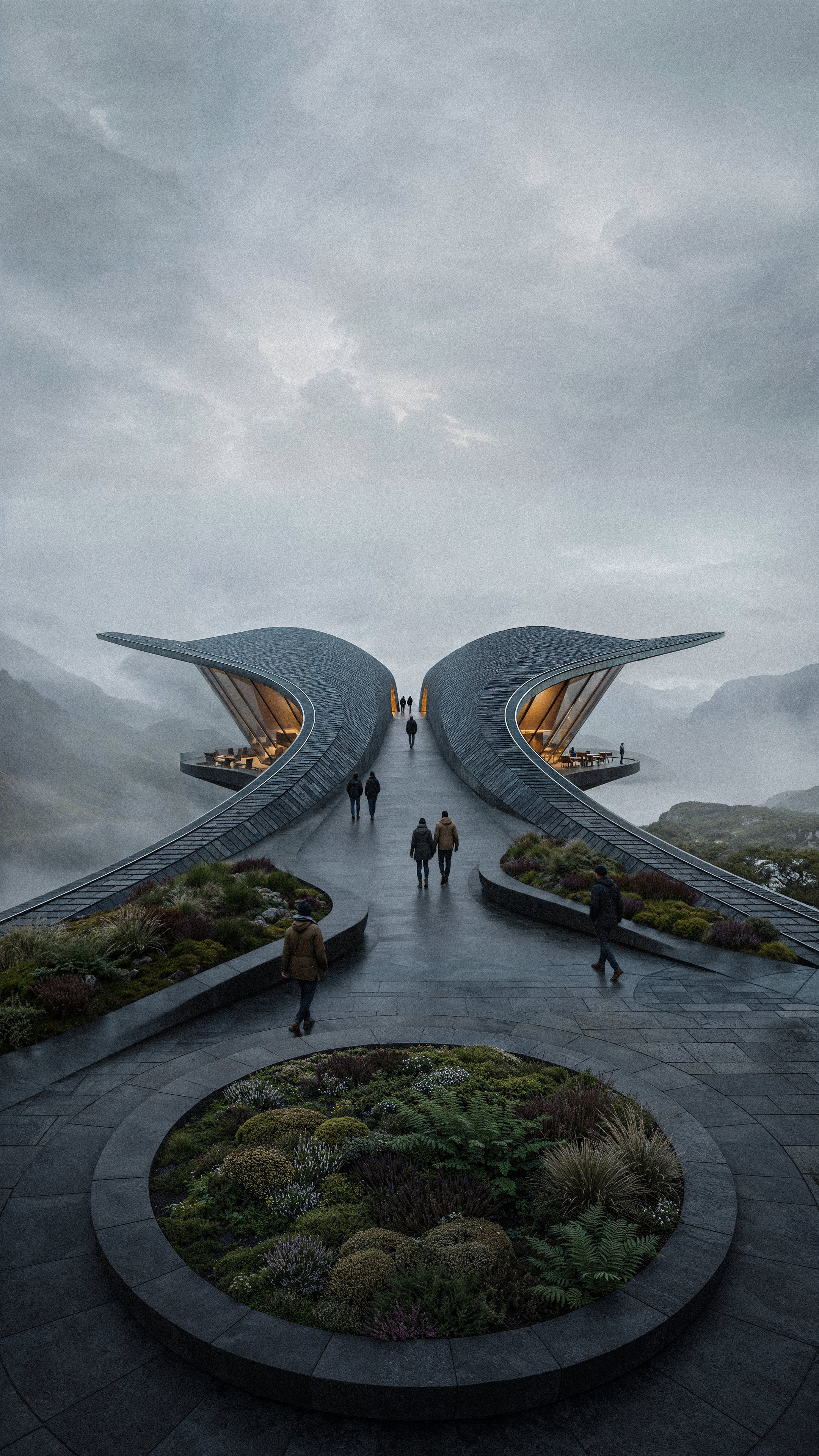Two curved roof forms meeting over a circular planted courtyard in the rain