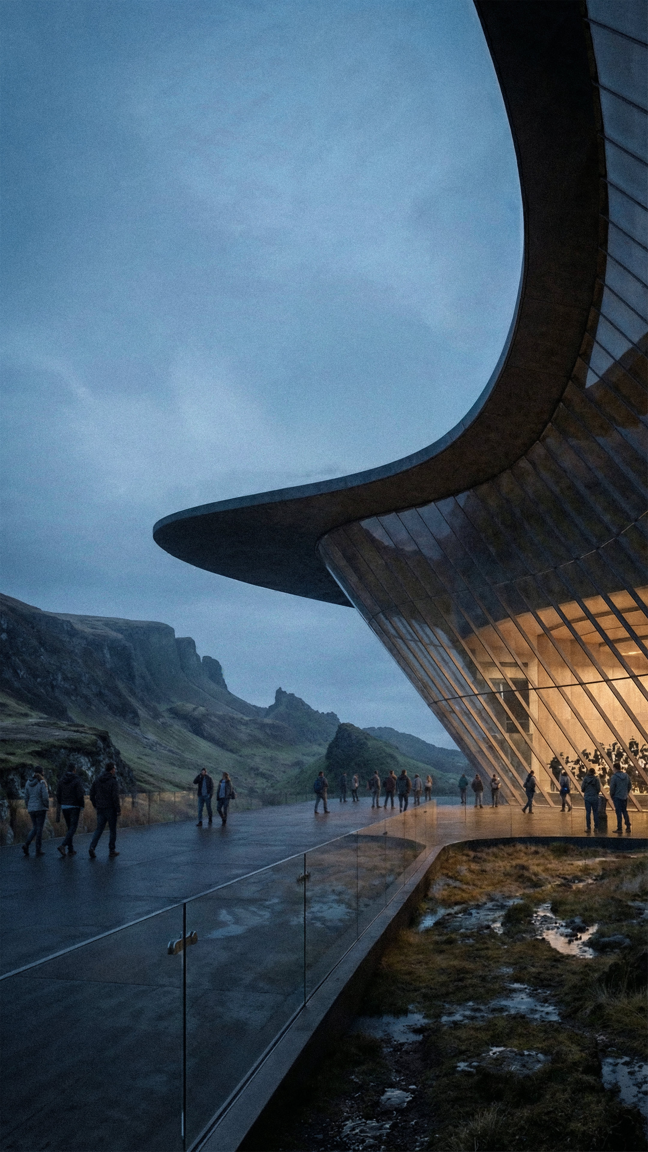 The glazed foyer under the sweeping roof, looking out to the cliffs