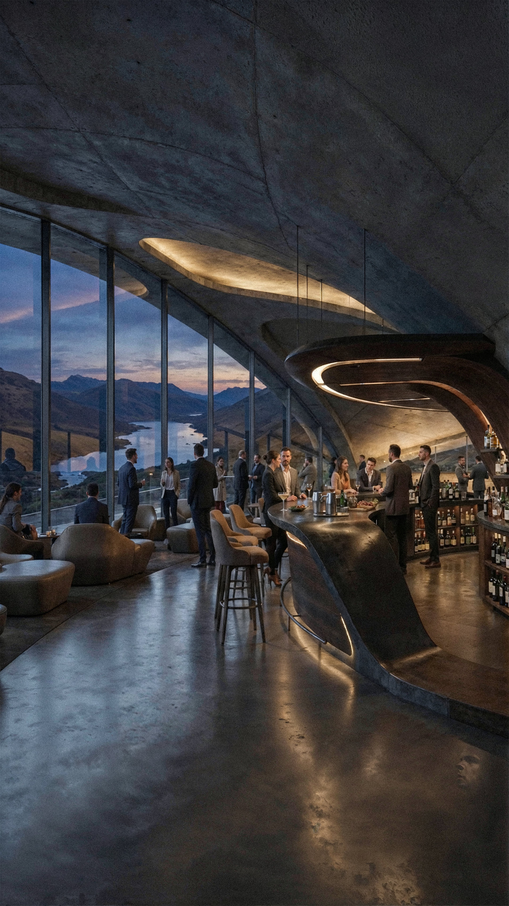 Foyer bar with the roofline curving overhead and the loch beyond