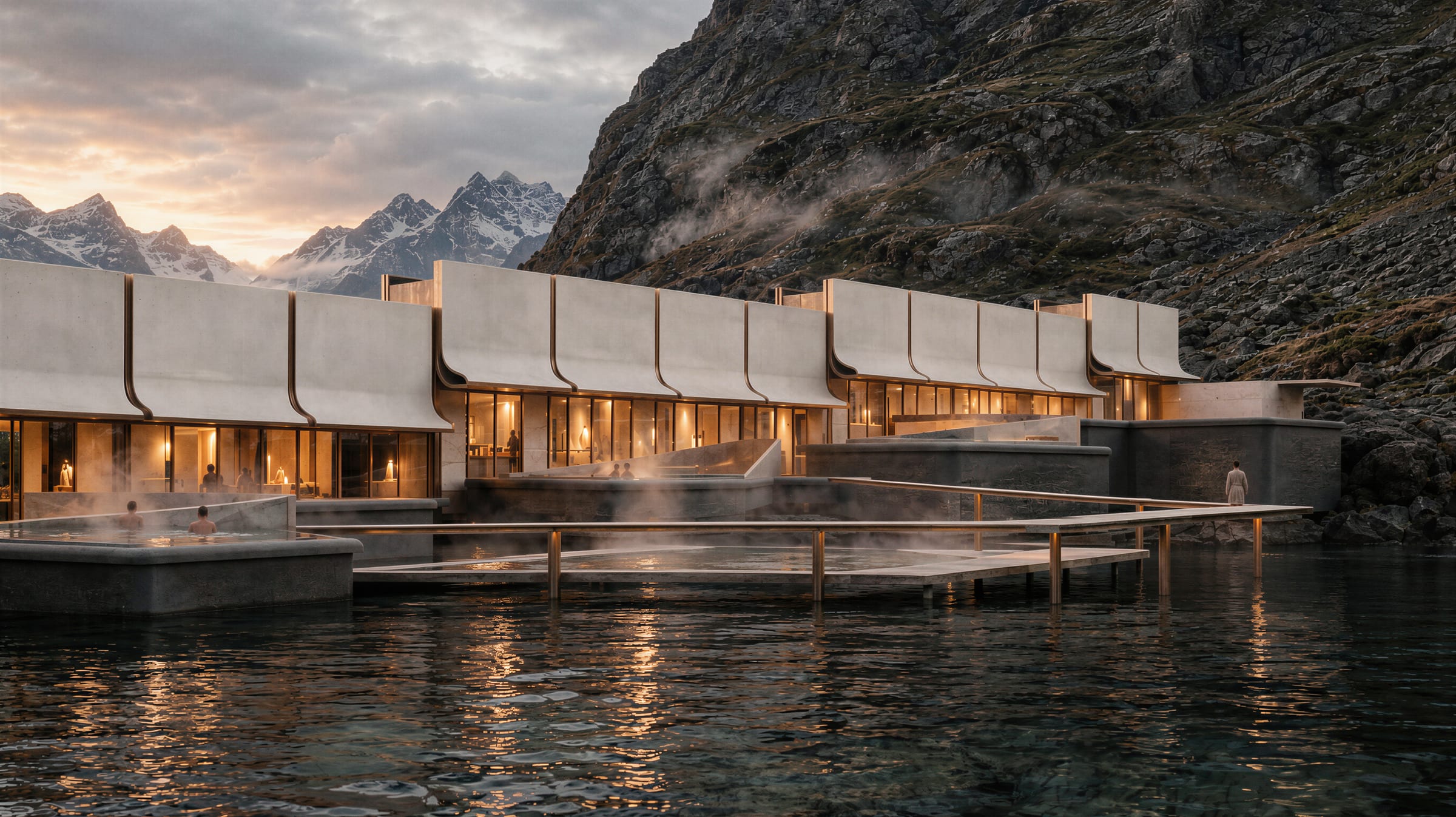 A row of curved concrete hoods over lit glazing, bathers in a warm pool with the fjord in front and mountains behind