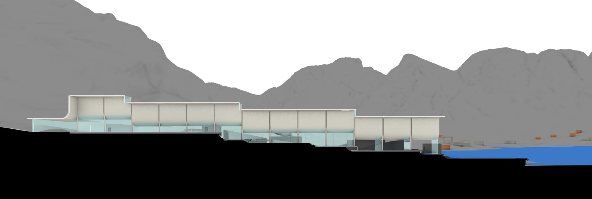 Rendered section through the bathhouse set into the slope, empty glazed rooms under curved roofs, grey mountains behind