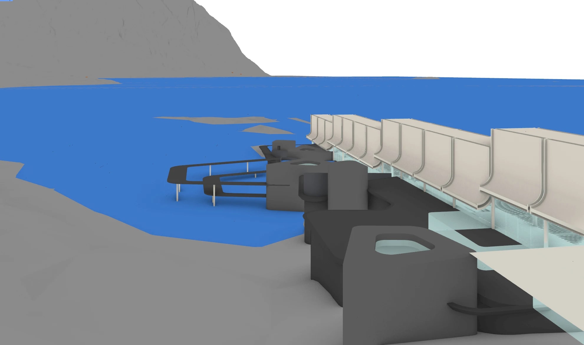 Untextured 3D model of the bathing terraces, with a row of curved hoods, round bathing towers and a looping walkway over flat blue water