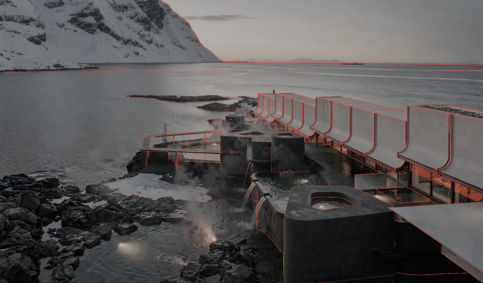 The final terraces image dimmed, with red outlines from the model tracing the hoods, towers and walkway exactly, and a red shoreline crossing the rocks in the foreground