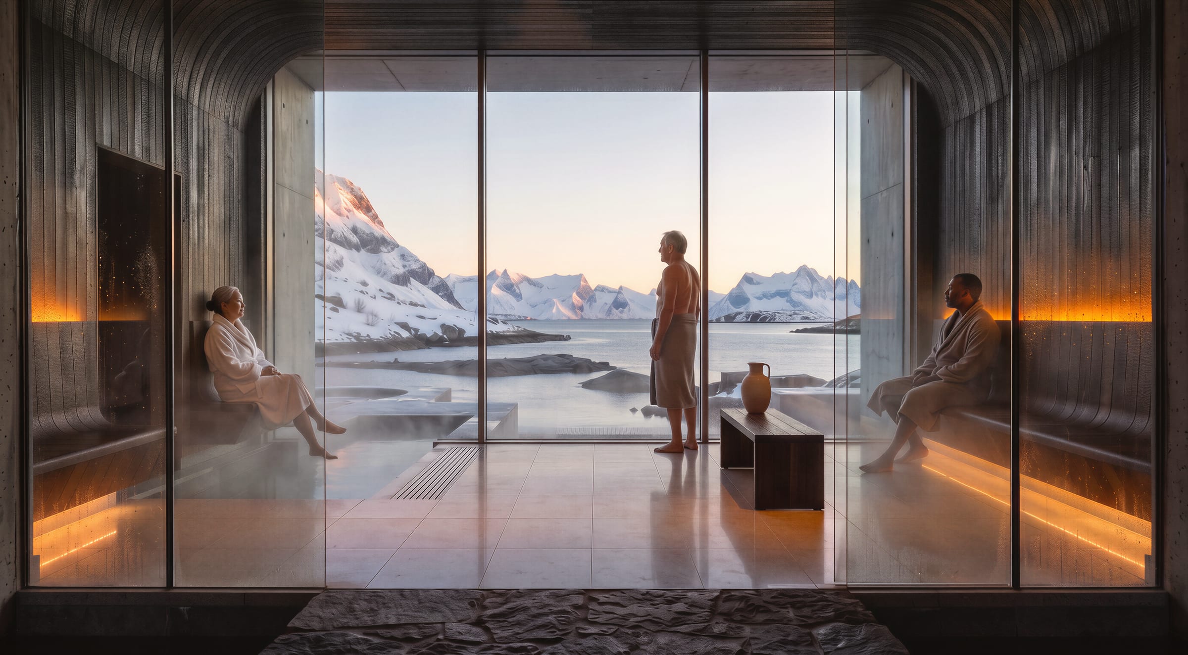 Three bathers in robes in a concrete sauna, its glazed wall open to snow-covered peaks across the fjord