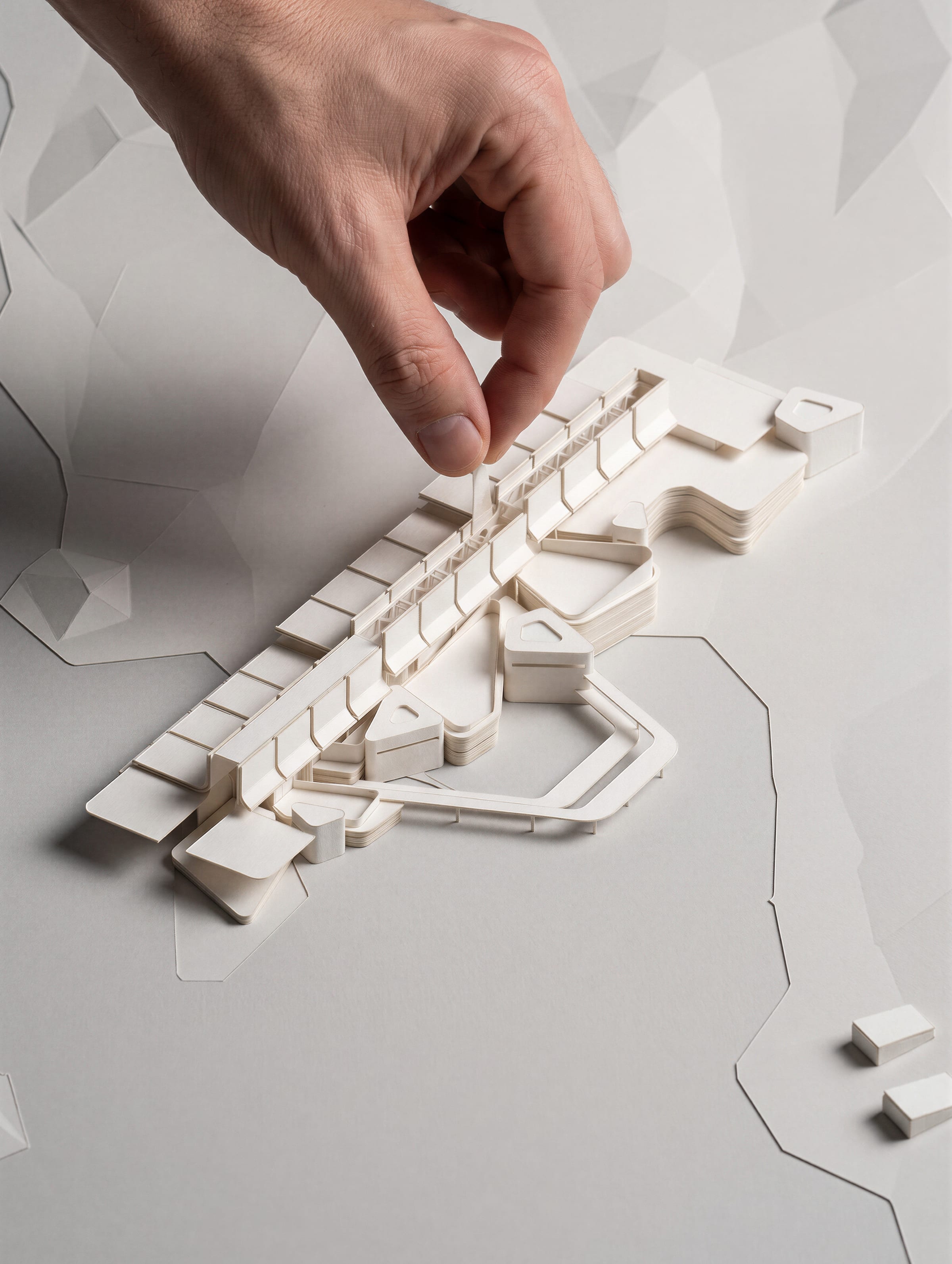 A hand placing a small white model of the bathhouse onto a card site model