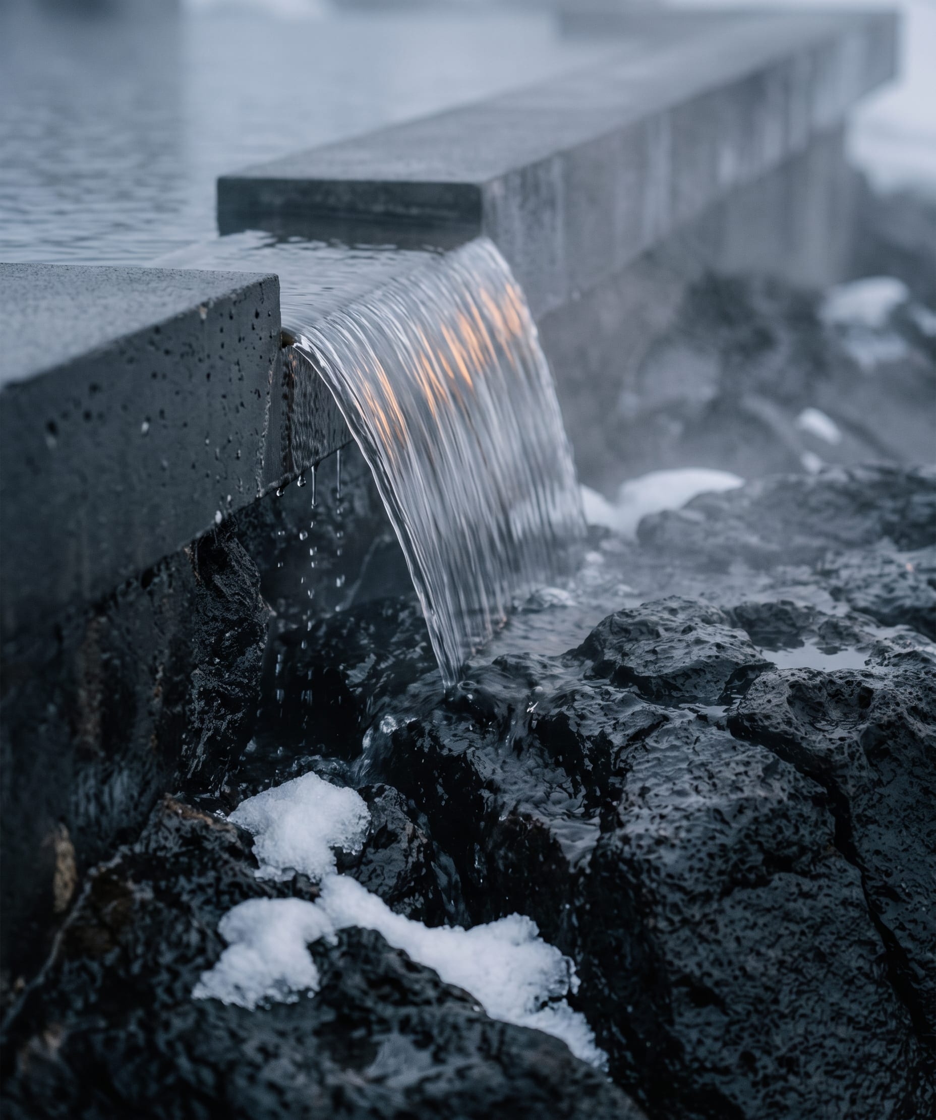 Water pouring from a concrete pool edge onto snow-dusted rock