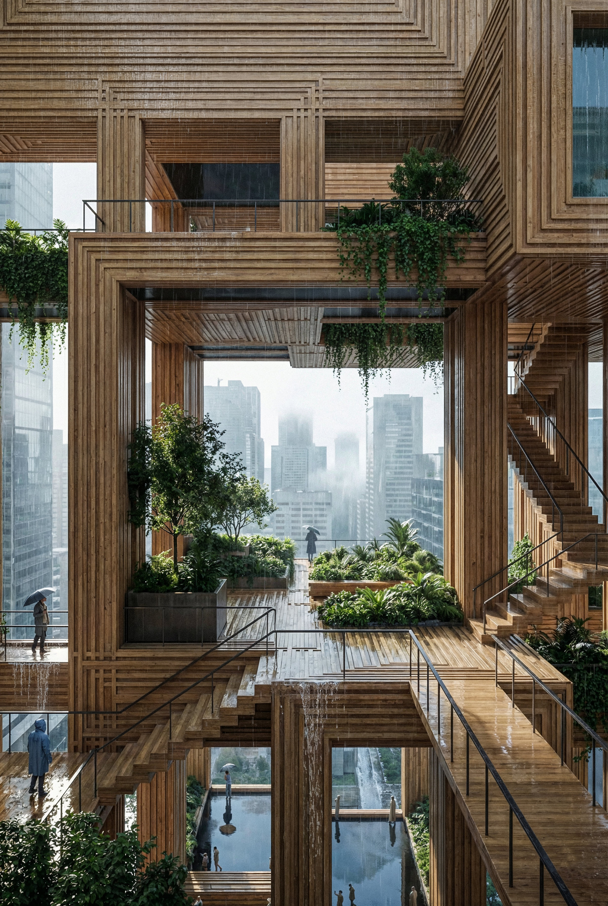 Looking up through the stacked timber frame to planted terraces