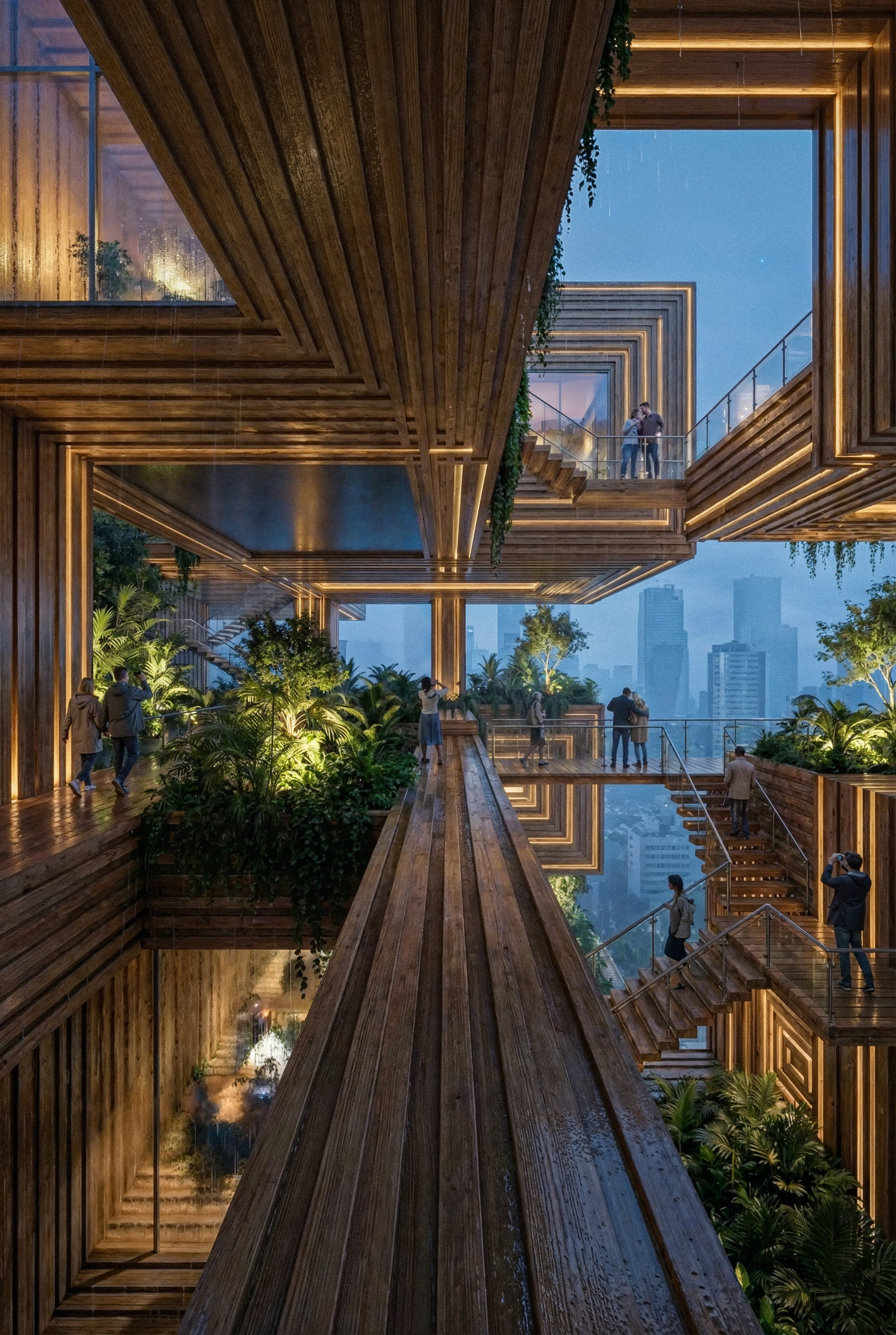 A planted walkway threading between the stacked residential modules