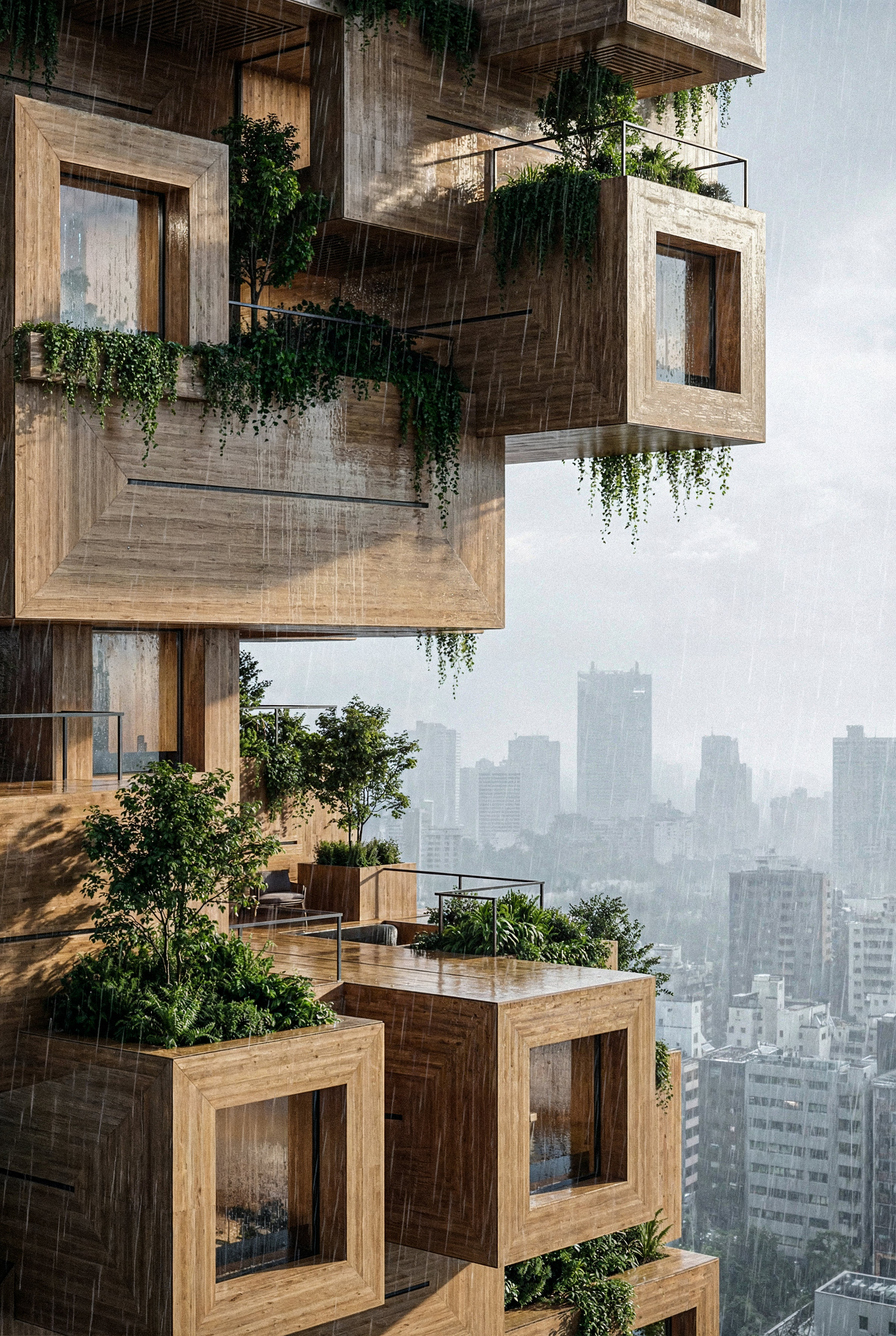 Cantilevered timber modules with balcony planting above the city