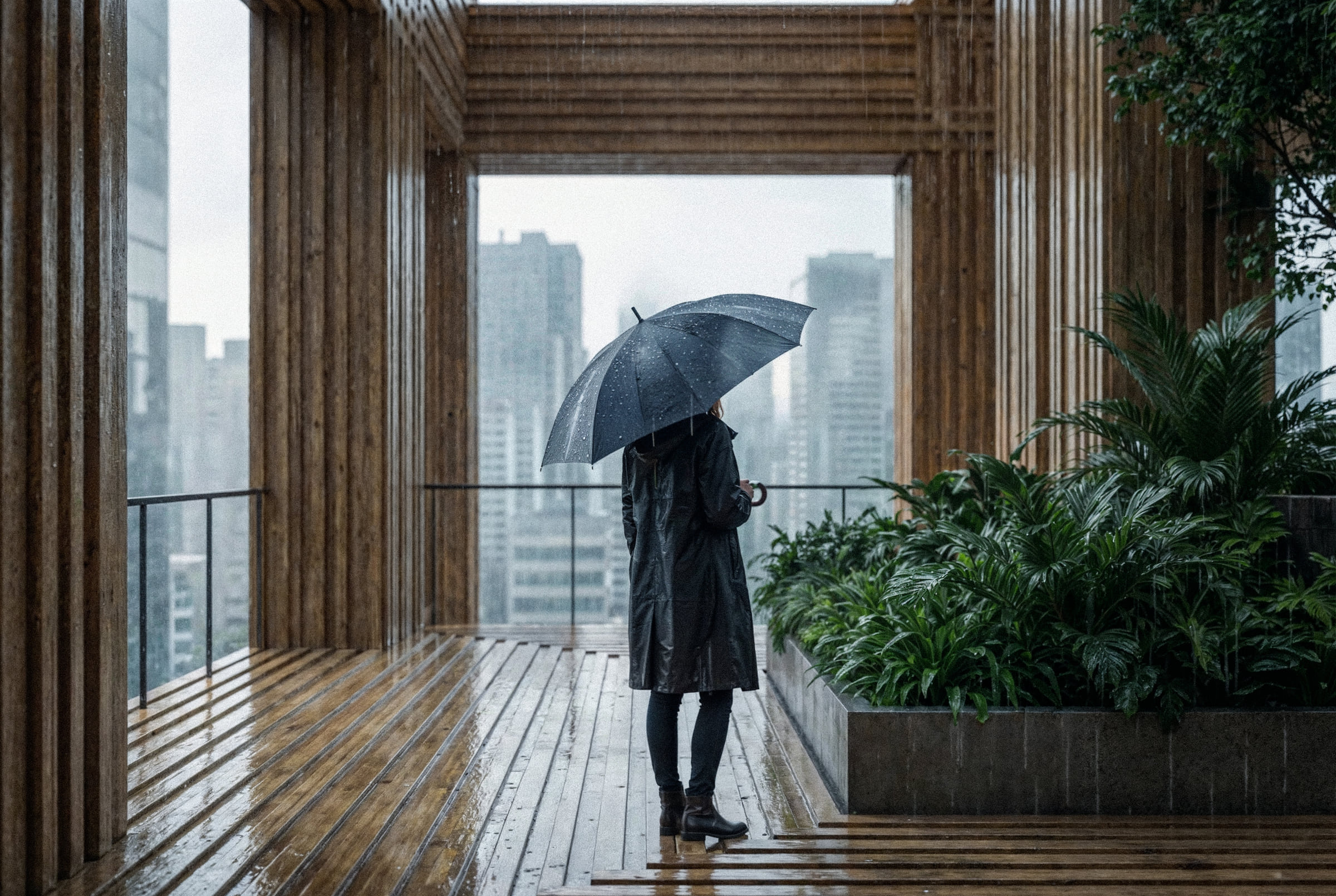 A resident with an umbrella on a planted timber balcony in the rain