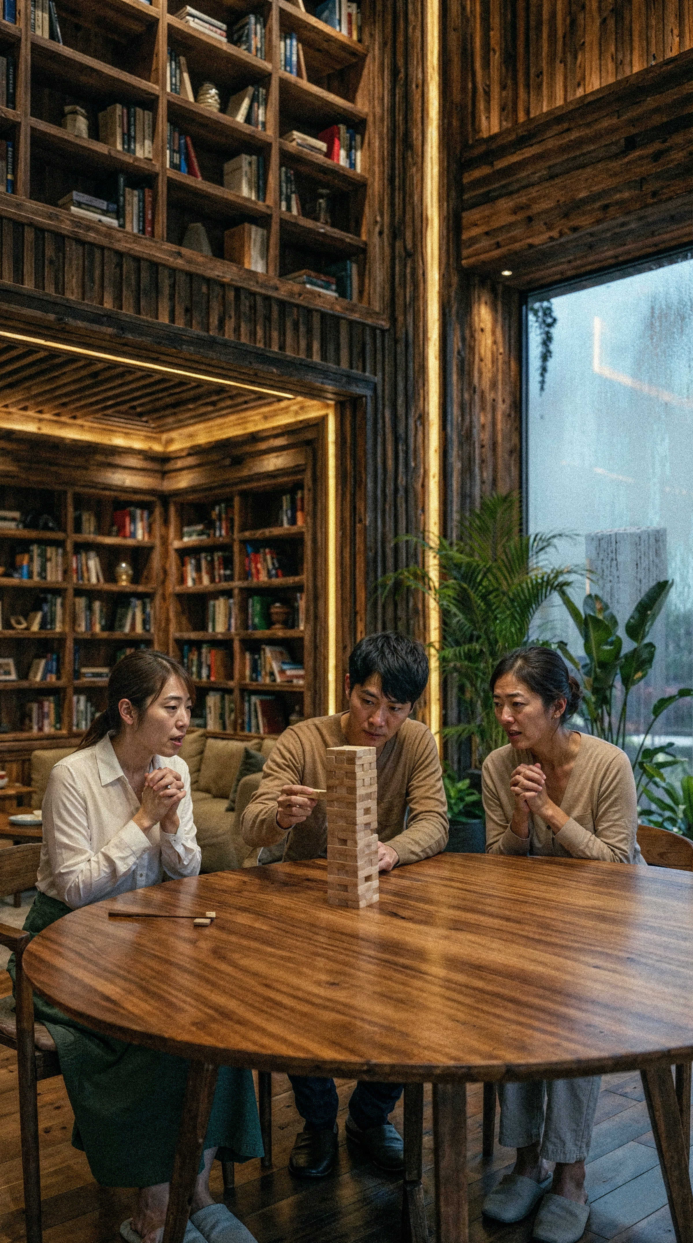 Residents talking at a round table in the timber-lined library