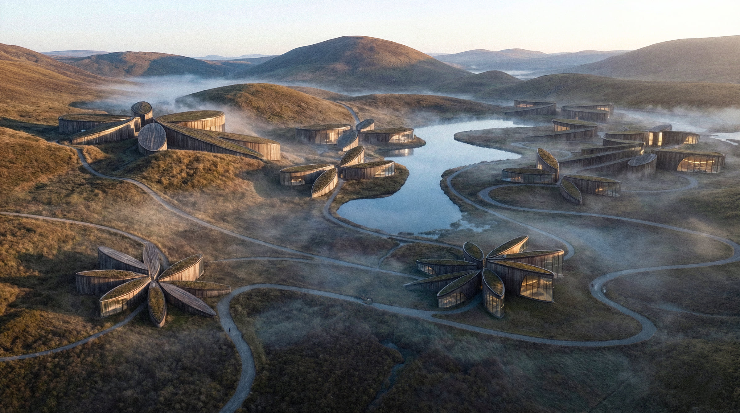 Aerial view of the cabins scattered around the lake edge