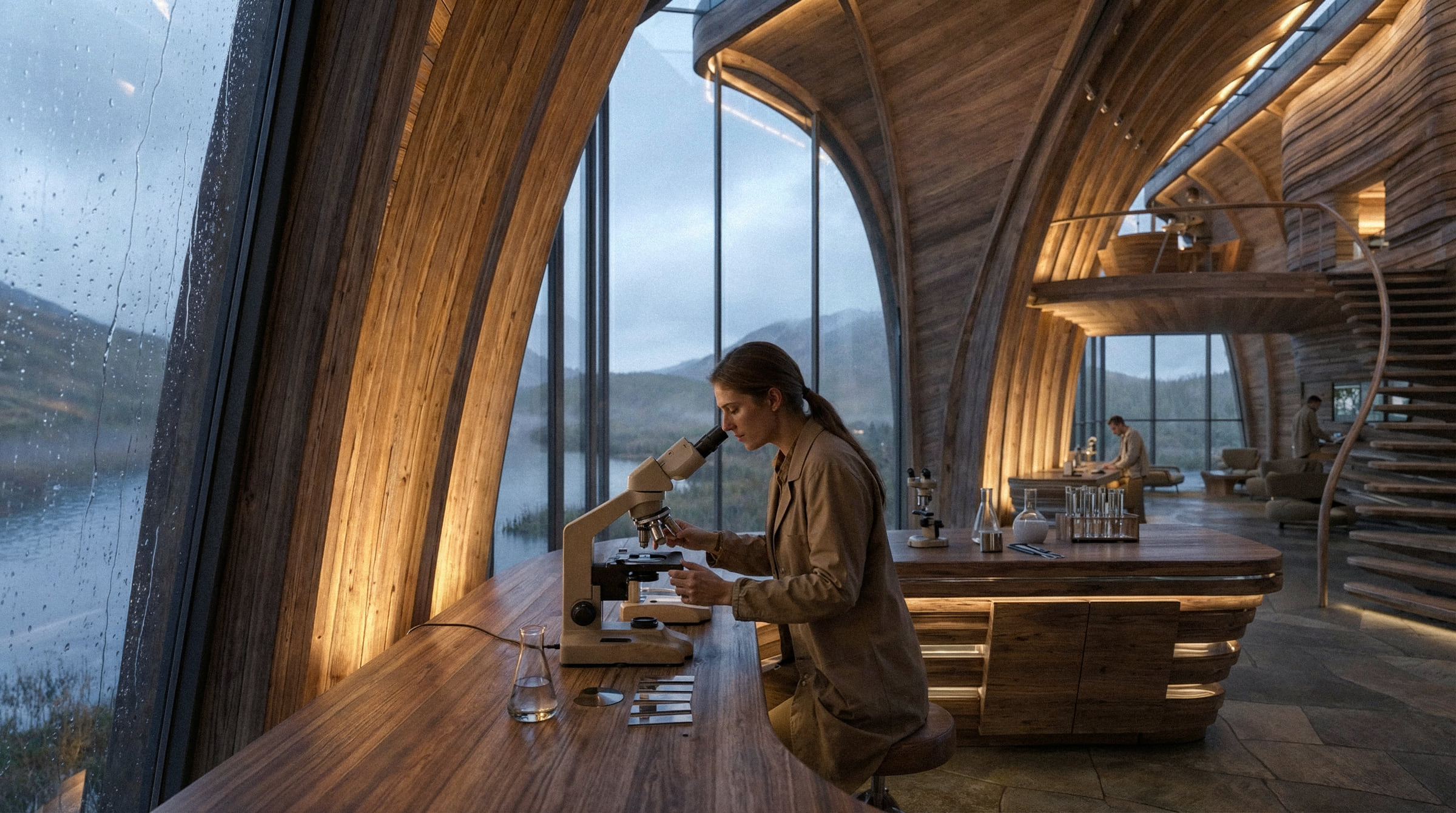 Reading at the window seat inside a curved timber cabin, lake beyond