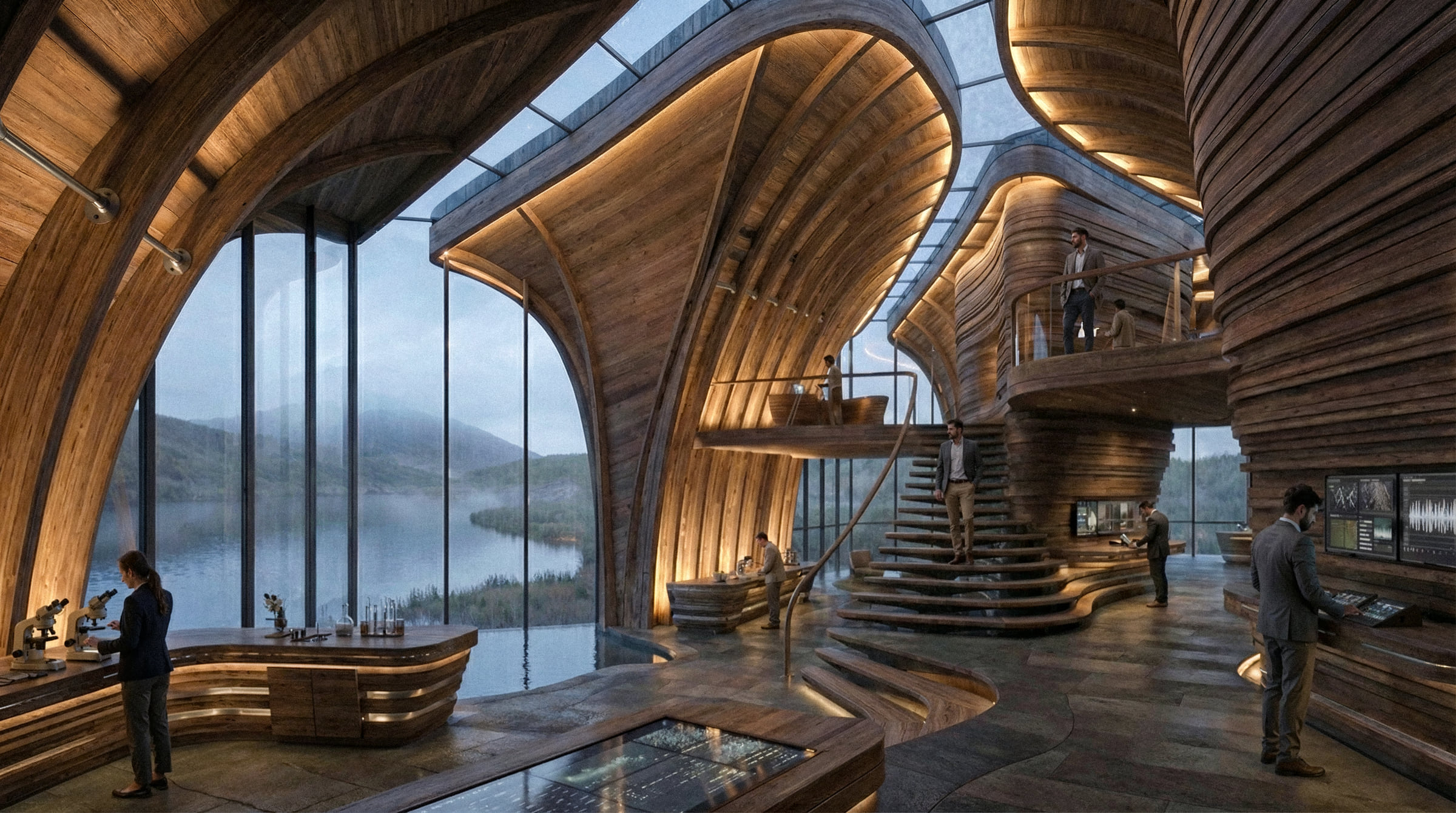 The curved timber interior with its spiral stair and full-height lake view
