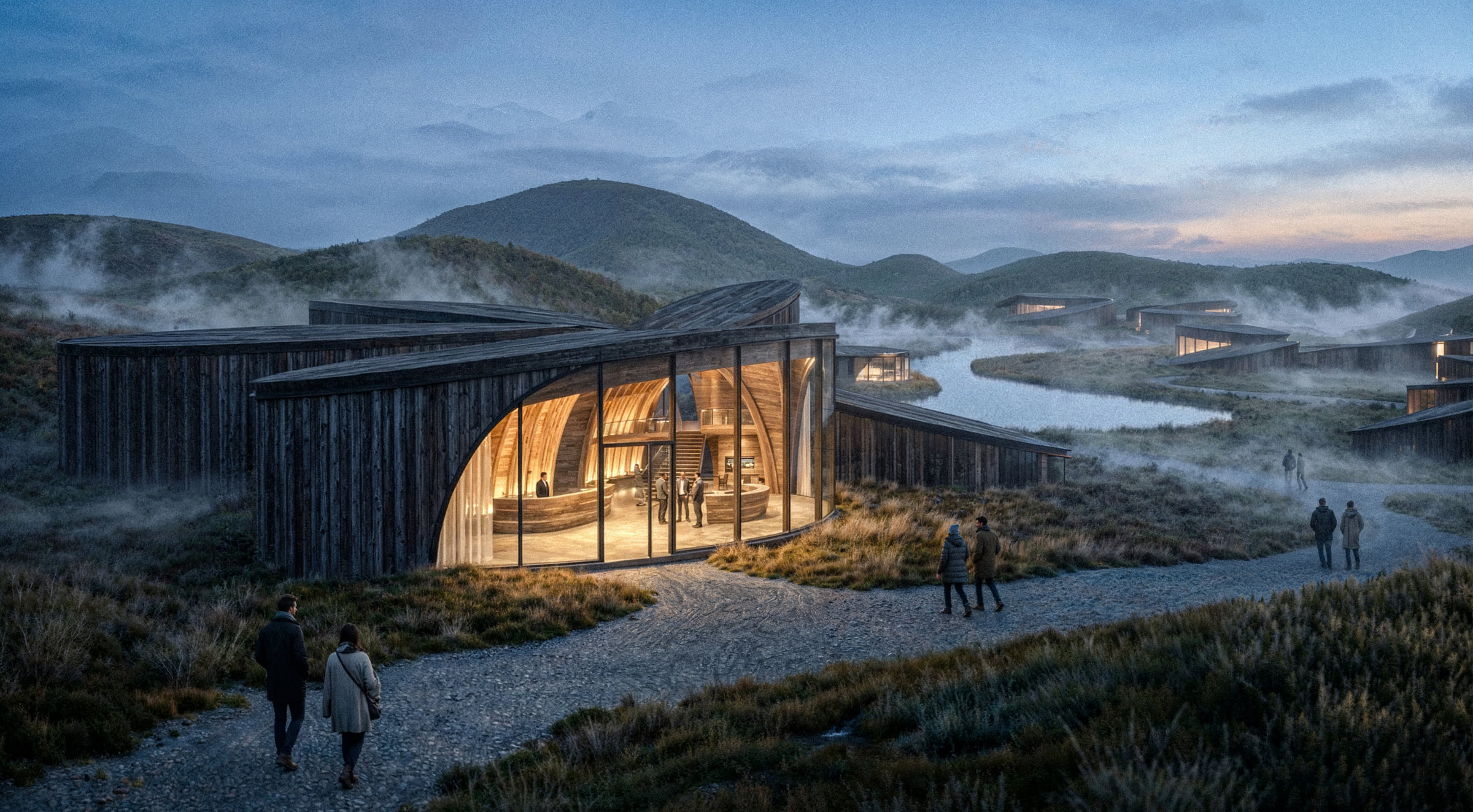 Dusk approach to the cabins with mist rising off the water